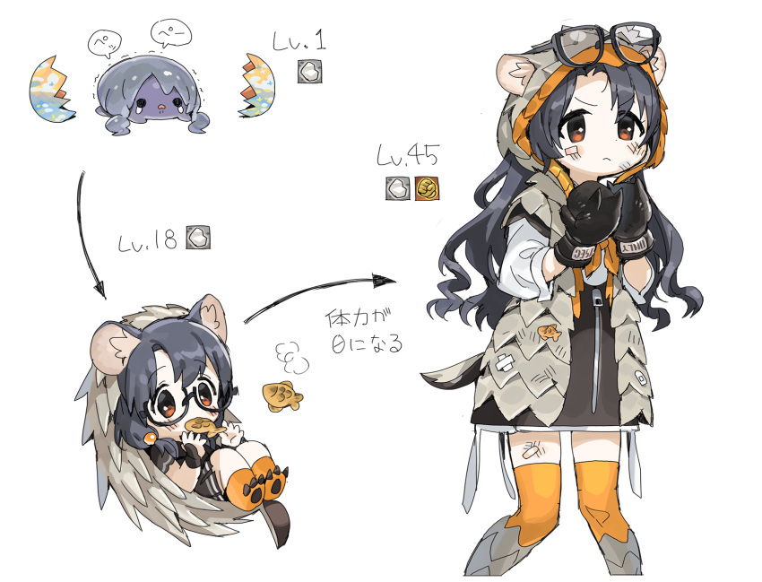 1girl animal_ears bandaid_on_leg black_hair blush boxing_gloves brown_eyes chibi cropped_legs dot_nose egg evolution eyewear_on_head eyewear_removed glasses hedgehog highres hood hood_up hooded_coat idolmaster idolmaster_million_live! long_sleeves low_twintails no_nose orange_legwear pointy_ears spawnfoxy tail takayama_sayoko thigh-highs twintails white_background zipper zipper_pull_tab