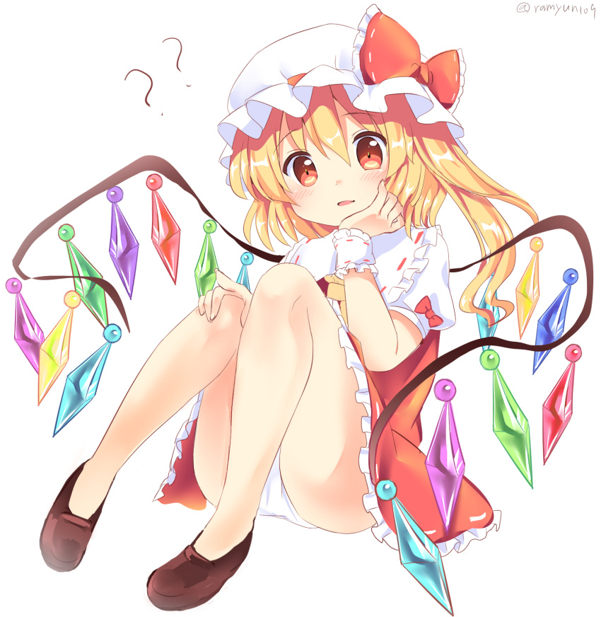 1girl ? artist_name ascot ass bangs bare_legs blonde_hair blush bow brown_footwear commentary_request crystal eyebrows_visible_through_hair flandre_scarlet frilled_bow frilled_shirt_collar frills hair_between_eyes hand_on_own_cheek hat hat_bow highres knees_up long_hair looking_at_viewer miniskirt mob_cap one_side_up open_mouth panties pantyshot pantyshot_(sitting) puffy_short_sleeves puffy_sleeves ramudia_(lamyun) red_bow red_eyes red_skirt red_vest shirt shoes short_sleeves sitting skirt skirt_set solo thighs touhou twitter_username underwear vest white_headwear white_panties white_shirt wings wrist_cuffs yellow_neckwear