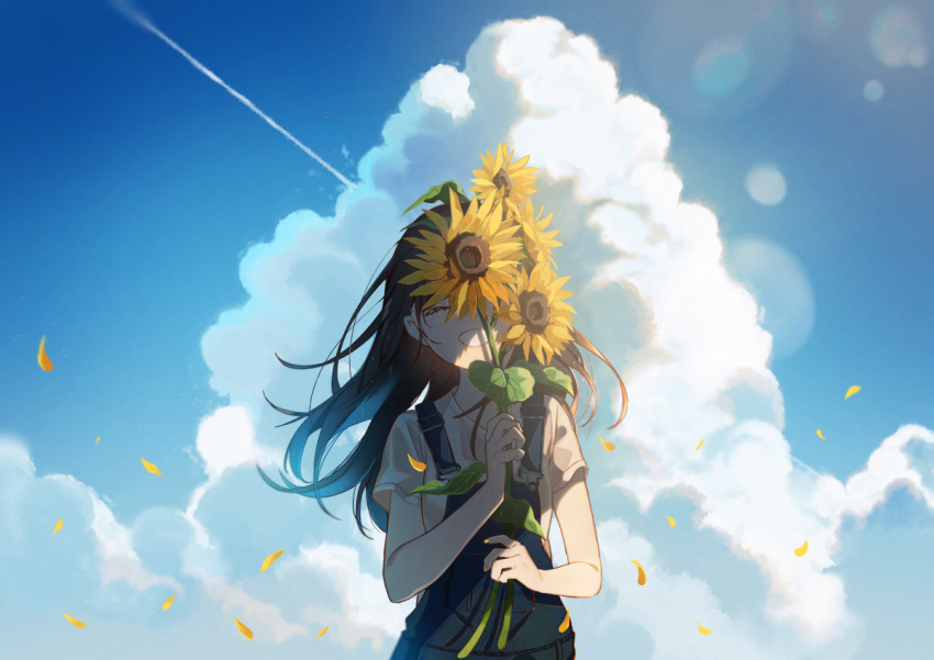 1girl :d bangs blue_sky brown_hair closed_eyes clouds commentary day facing_viewer flower happy holding holding_flower leaf long_hair omutatsu open_mouth original overalls shirt short_sleeves sky smile solo standing sunflower sunlight t-shirt teeth upper_body