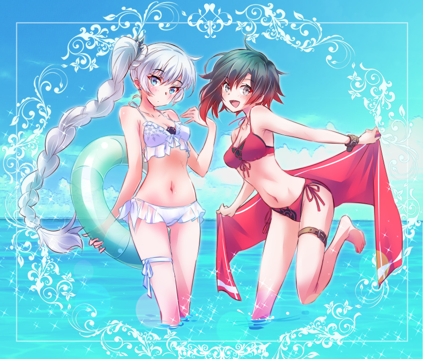 2girls absurdres belt bikini bikini_bottom bikini_skirt bikini_top black_hair blue_eyes breasts collarbone commentary_request earrings gradient_hair grey_eyes highres iesupa innertube jewelry long_hair midriff multicolored_hair multiple_girls navel ponytail red_bikini redhead ruby_rose rwby scar scar_across_eye short_hair side-tie_bikini side_ponytail single_garter swimsuit tiara translucent two-tone_hair weiss_schnee white_bikini white_hair