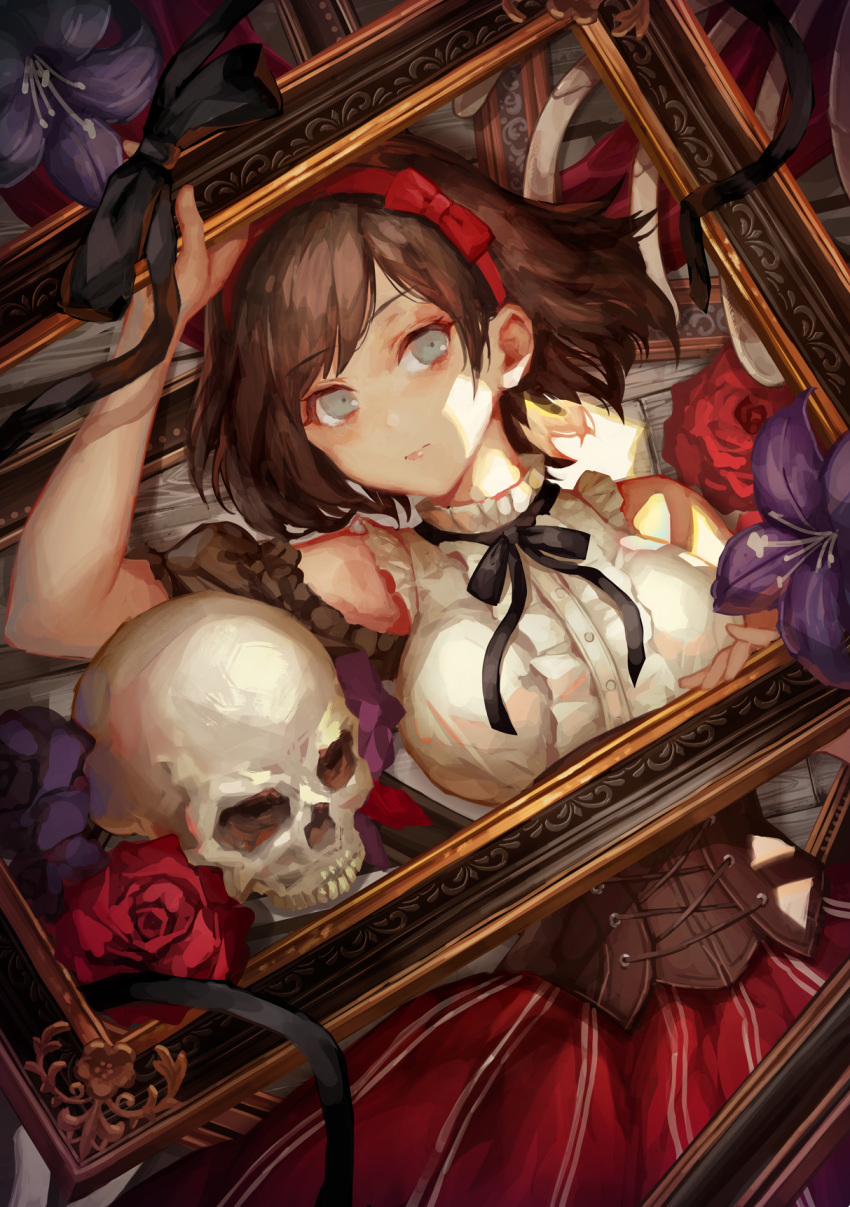 1girl bangs bed_sheet black_bow bow breasts brown_hair center_frills closed_mouth commentary_request dutch_angle eyebrows_visible_through_hair flower grey_eyes hair_bow hairband highres large_breasts looking_at_viewer lying on_back original picture_frame purple_flower red_bow red_flower red_hairband red_rose red_skirt rose shirt short_hair skirt skull sleeveless sleeveless_shirt solo striped tamarashi underbust vertical-striped_skirt vertical_stripes white_shirt