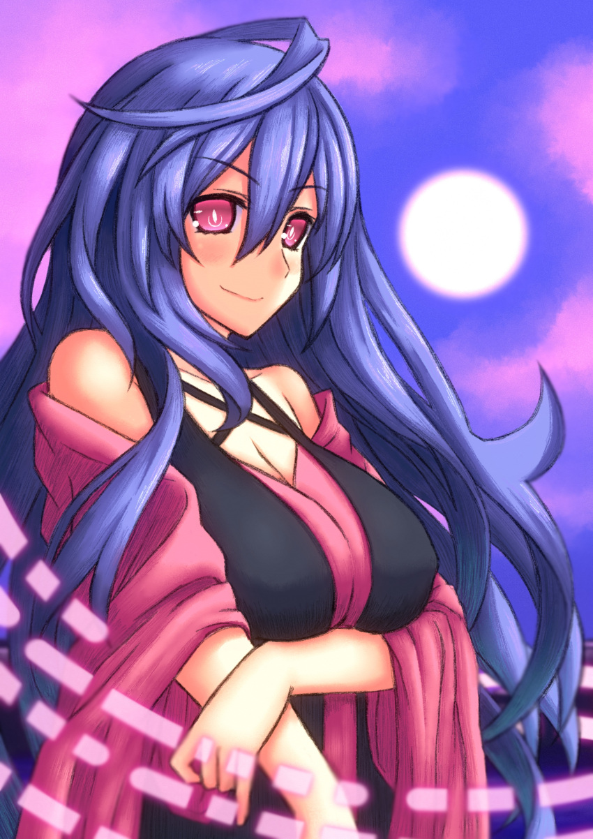 1girl absurdres alternate_costume bare_shoulders blue_hair blush breasts eyebrows_visible_through_hair hair_between_eyes highres iris_heart kami_jigen_game_neptune_v large_breasts long_hair neptune_(series) novus_rue pink_eyes power_symbol smile solo symbol-shaped_pupils