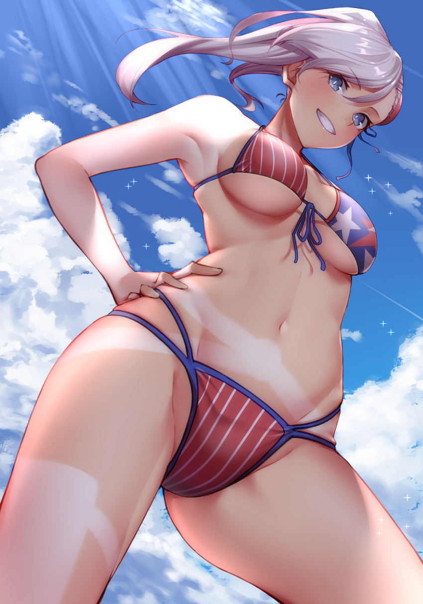 1girl absurdres american_flag_bikini asymmetrical_hair bangs bare_shoulders bikini black_ribbon blue_eyes blush breasts bun_cover collarbone commentary_request cowboy_shot day fate/grand_order fate_(series) fifty1202 flag_print grin hair_bun hair_ornament hair_ribbon hand_on_hip highres large_breasts long_hair looking_at_viewer miyamoto_musashi_(fate/grand_order) miyamoto_musashi_(swimsuit_berserker)_(fate) outdoors pink_hair pose ribbon shiny shiny_hair side_ponytail smile solo swept_bangs swimsuit wristband