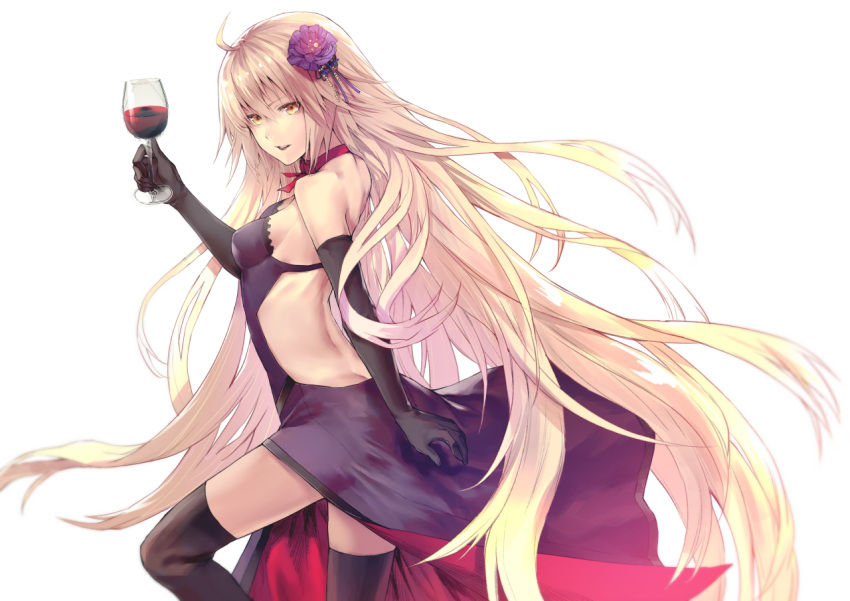 1girl :d absurdly_long_hair ahoge applekun backless_dress backless_outfit black_gloves black_legwear blonde_hair breasts butt_crack choker cup dress elbow_gloves fate/grand_order fate_(series) floating_hair flower from_side gloves hair_flower hair_ornament holding holding_cup jeanne_d'arc_(alter)_(fate) jeanne_d'arc_(fate)_(all) long_hair medium_breasts open_mouth pixiv_fate/grand_order_contest_2 purple_dress purple_flower red_ribbon red_wine ribbon ribbon_choker sideboob simple_background sleeveless sleeveless_dress smile solo strapless strapless_dress thigh-highs very_long_hair white_background yellow_eyes