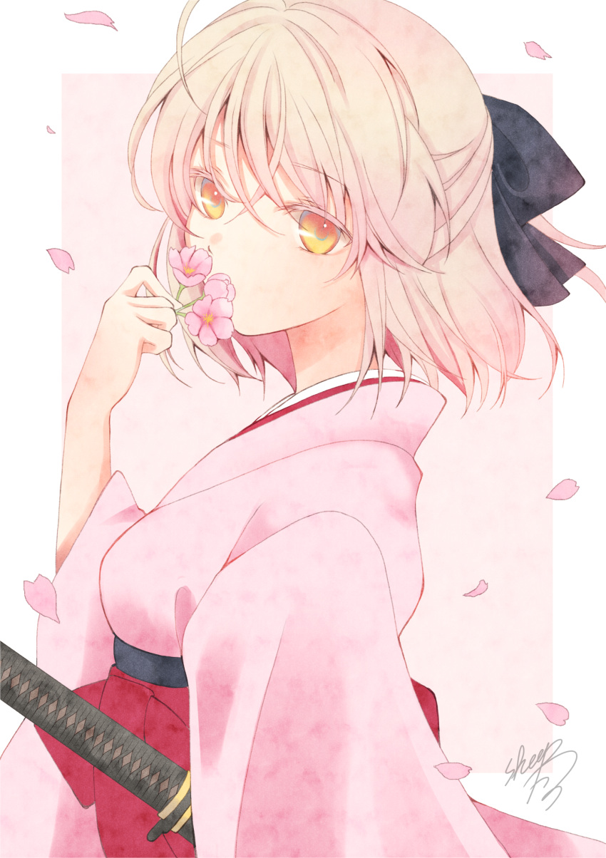 1girl ahoge bangs black_ribbon blonde_hair cherry_blossoms commentary eyebrows_visible_through_hair falling_petals fate/grand_order fate_(series) flower from_side hair_ribbon hakama highres holding holding_flower japanese_clothes katana kimono koha-ace okita_souji_(fate) okita_souji_(fate)_(all) pink_kimono ribbon sheath sheathed sheepd short_hair sidelocks signature solo standing sword weapon yellow_eyes