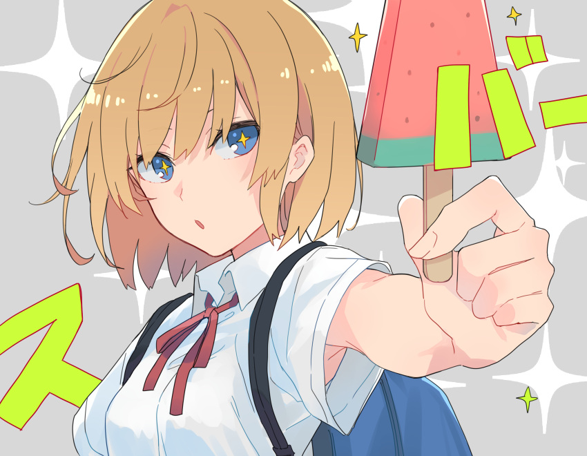 +_+ 1girl armpit_peek backpack bag blonde_hair blue_eyes breasts collared_shirt food grey_background highres holding looking_at_viewer monsieur neck_ribbon original parted_lips popsicle red_neckwear ribbon school_uniform shirt short_hair short_sleeves sidelocks small_breasts solo sparkle sparkle_background upper_body watermelon_bar white_shirt