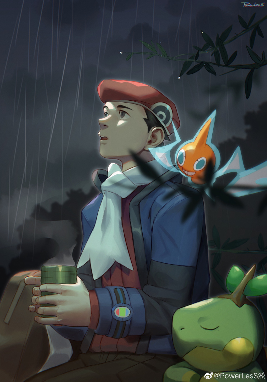 1boy absurdres black_hair blue_jacket chinese_commentary clouds commentary_request hat highres holding jacket long_sleeves looking_up lucas_(pokemon) male_focus open_clothes open_jacket open_mouth outdoors pokemon pokemon_(game) pokemon_dppt pokemon_platinum powerlesssong rain red_headwear red_shirt rotom rotom_(normal) scarf shirt short_hair sky teeth tongue turtwig upper_teeth white_scarf