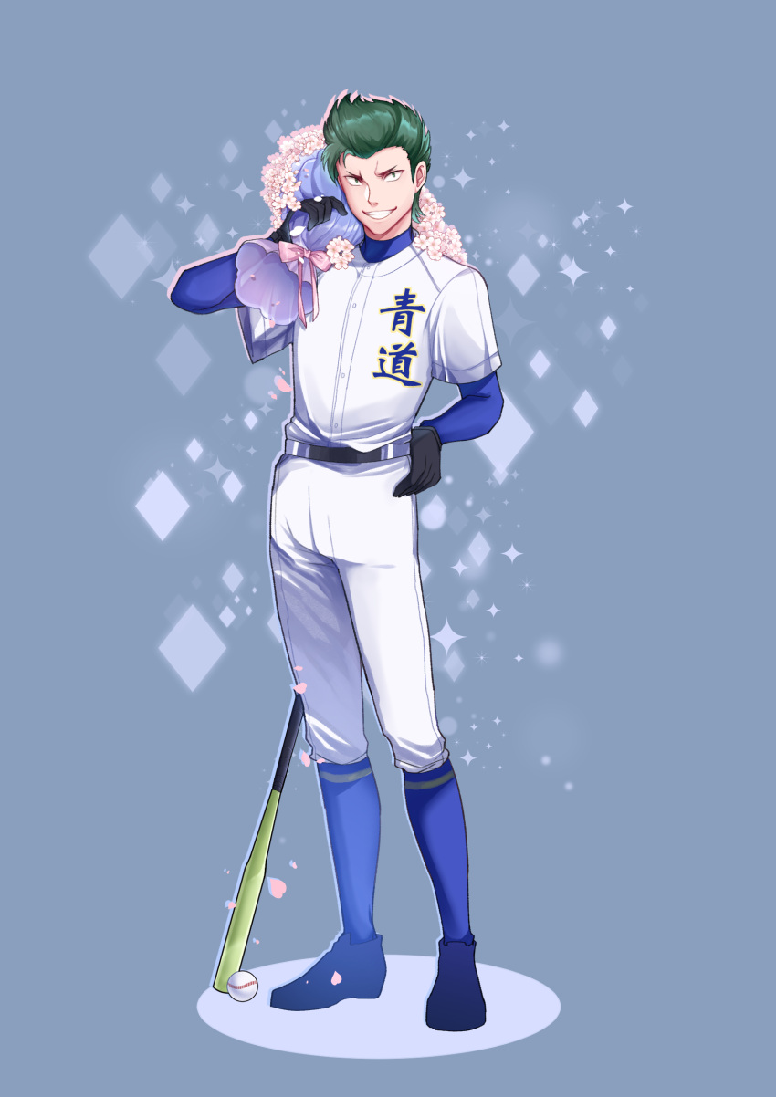 1boy ace_of_diamond baseball baseball_bat baseball_uniform black_gloves blue_footwear blue_legwear bouquet flower full_body gloves green_eyes green_hair grey_background grin hand_on_hip haruka_(5885352) highres kuramochi_youichi male_focus over_shoulder simple_background smile solo sportswear standing