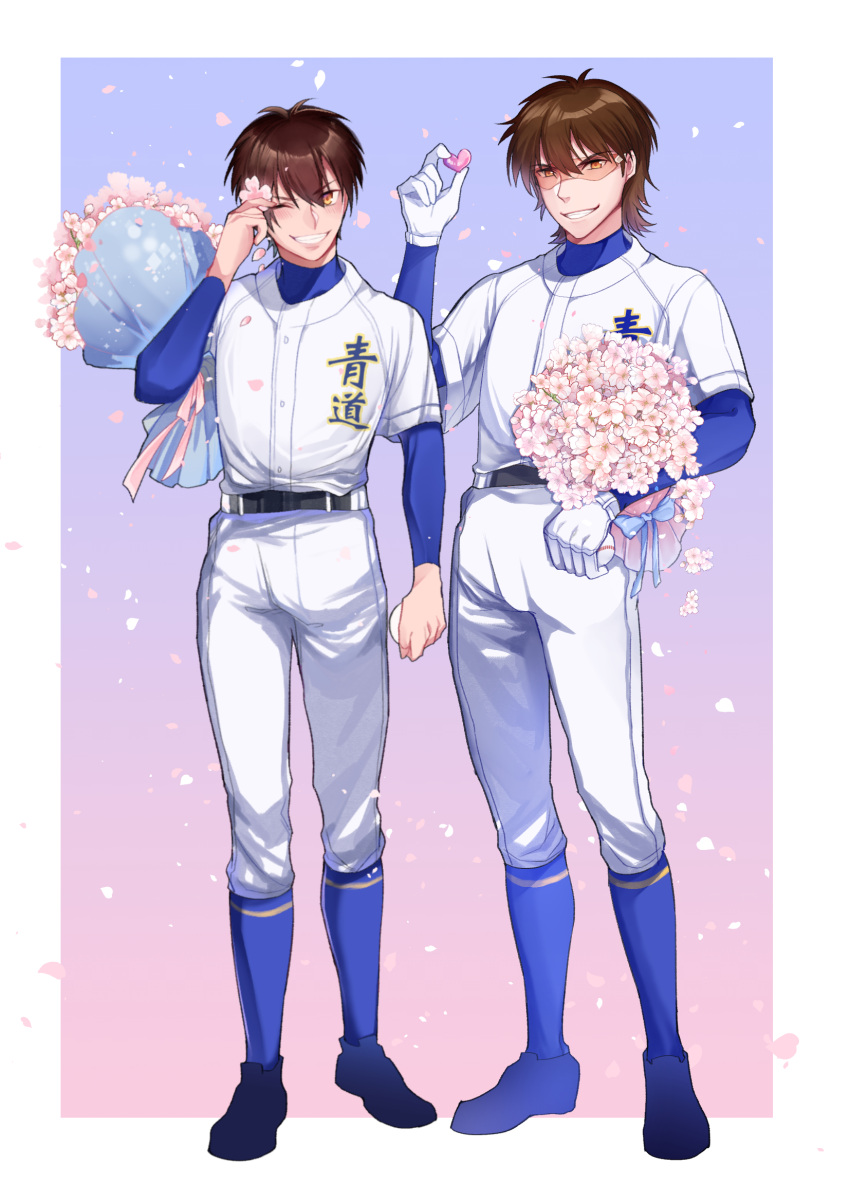 2boys ;) ace_of_diamond arm_at_side ball baseball baseball_uniform belt blue_background blue_legwear bouquet brown_hair flower glasses gloves hand_up haruka_(5885352) heart highres holding holding_ball holding_bouquet kneehighs long_sleeves looking_at_viewer medium_hair miyuki_kazuya multiple_boys one_eye_closed pink_flower sawamura_eijun simple_background smile sportswear standing white_gloves