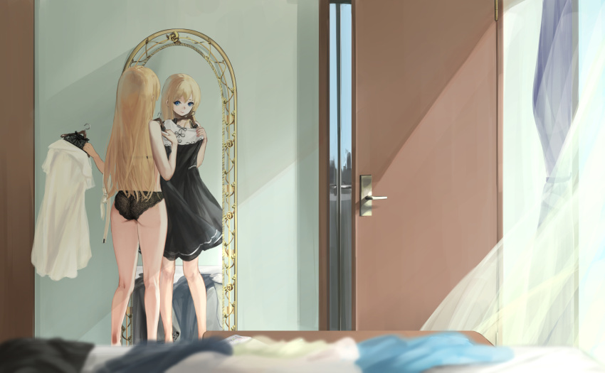 1girl ass black_bra black_dress black_panties blue_eyes blurry bra closed_mouth clothes_hanger commentary_request curtains depth_of_field door dress highres holding indoors issun_boushi_(taku37taku) kakuchou_shoujo-kei_trinary kneepits long_hair looking_at_viewer mirror open_door panties reflection smile solo standing underwear uzuki_kagura very_long_hair