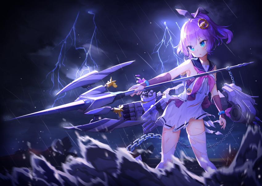 1girl azur_lane bangs blue_eyes blue_sailor_collar blurry blurry_foreground blush bridal_gauntlets chain clouds cloudy_sky commentary_request crown cuts depth_of_field eyebrows_visible_through_hair hair_between_eyes hair_ribbon high_ponytail highres holding holding_weapon injury javelin javelin_(azur_lane) lightning machinery mini_crown neckerchief object_namesake ocean outdoors overcast parted_lips pink_neckwear ponytail purple_hair purple_ribbon retrofit_(azur_lane) ribbon sailor_collar seero shirt skirt sky sleeveless sleeveless_shirt solo standing thigh-highs tilted_headwear torn_clothes torn_legwear torn_skirt torpedo v-shaped_eyebrows water waves weapon white_legwear white_shirt white_skirt