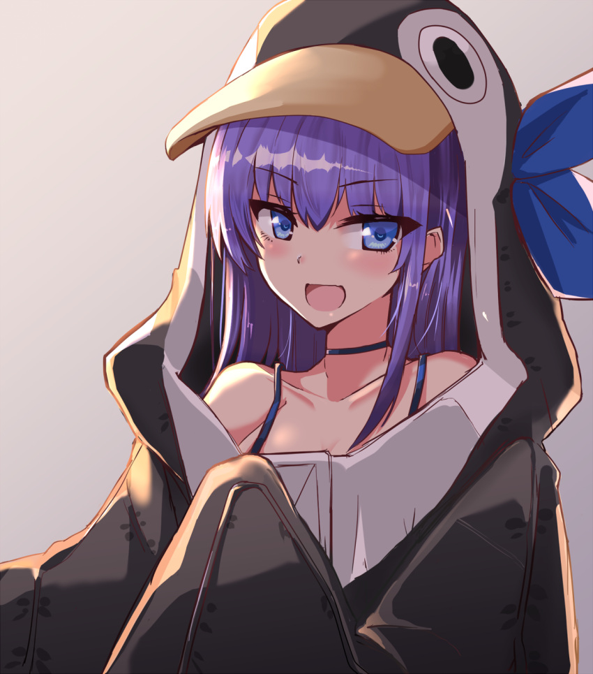 1girl :d animal_costume bangs black_jacket blue_eyes choker collarbone commentary_request eyebrows_visible_through_hair fate/grand_order fate_(series) grey_background happy highres hood hood_up jacket kihou_no_gotoku_dmc long_hair looking_at_viewer meltryllis meltryllis_(swimsuit_lancer)_(fate) open_mouth penguin_costume purple_choker purple_hair ribbon simple_background sleeves_past_wrists smile solo two-tone_jacket white_jacket