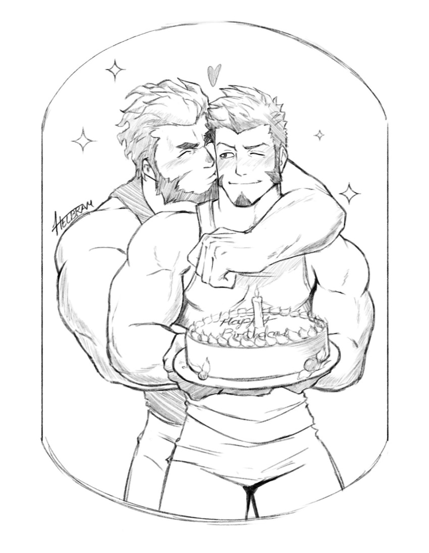 2boys abs bara beard birthday birthday_cake blush cake cheek_kiss chest commissioner_upload facial_hair fate/grand_order fate_(series) food frame heart highres hug hug_from_behind kiss male_focus multiple_boys muscle napoleon_bonaparte_(fate/grand_order) one_eye_closed pectorals rider_(fate/zero) sketch standing star tank_top upper_body white_background whyhelbram