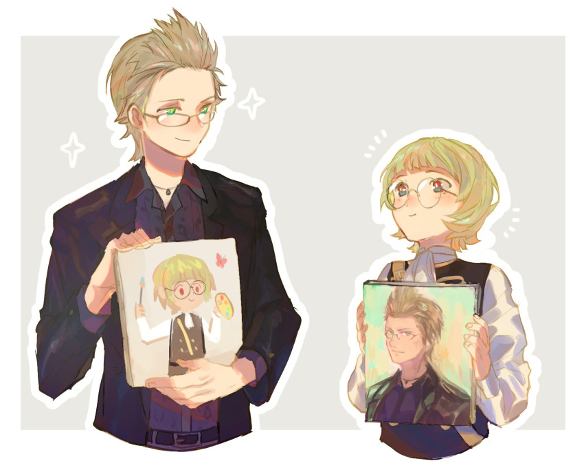 2boys brown_hair character_portrait crossover formal glasses highres ignatz_victor ignis_scientia looking_at_another multiple_boys spiky_hair suit suto_(sakumaaritsu) trait_connection upper_body