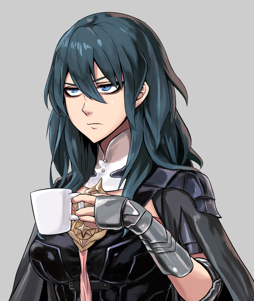 1girl annoyed arm_guards bangs black_cape blue_eyes blue_hair breasts byleth_(fire_emblem) byleth_eisner_(female) cape closed_mouth coffee_mug cup damagefloor fire_emblem fire_emblem:_three_houses golding_cup grey_background hair_between_eyes highres large_breasts long_hair mug pauldrons shoulder_armor simple_background solo upper_body v-shaped_eyebrows vambraces