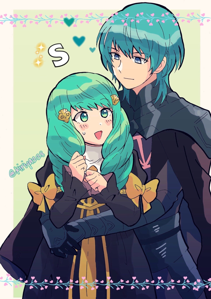 1boy 1girl armor black_cape blue_eyes blue_hair bow byleth_(fire_emblem) byleth_eisner_(male) byleth_eisner_(male) cape closed_mouth cute fire_emblem fire_emblem:_three_houses fire_emblem:_three_houses fire_emblem_16 flayn_(fire_emblem) green_eyes green_hair hair_ornament highres hug hug_from_behind intelligent_systems kiriya_(552260) long_hair long_sleeves male_my_unit_(fire_emblem:_three_houses) moe my_unit_(fire_emblem:_three_houses) nintendo open_mouth short_hair twitter_username uniform