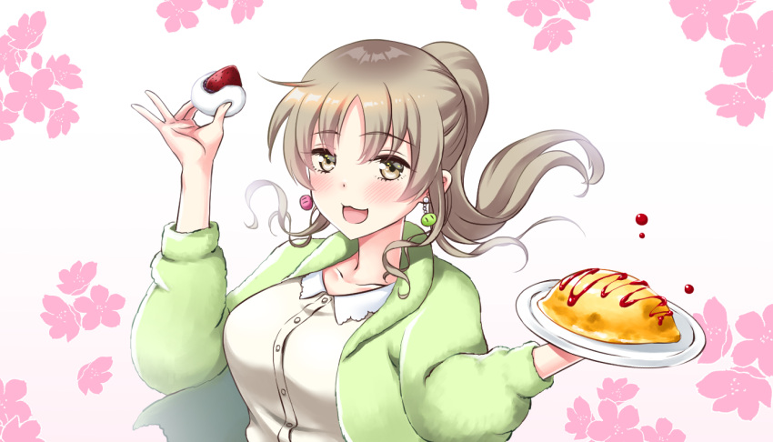 1girl :d arm_up bangs blush brown_eyes brown_hair collarbone collared_shirt commentary_request dress_shirt earrings eyebrows_visible_through_hair floating_hair floral_background food gradient gradient_background green_jacket hair_between_eyes hand_up holding holding_food holding_plate jacket jewelry long_hair long_sleeves nijisanji omurice open_clothes open_jacket open_mouth parted_bangs pink_background plate ponytail puffy_long_sleeves puffy_sleeves shirihime shirt sister_cleaire smile solo upper_body virtual_youtuber white_background white_shirt