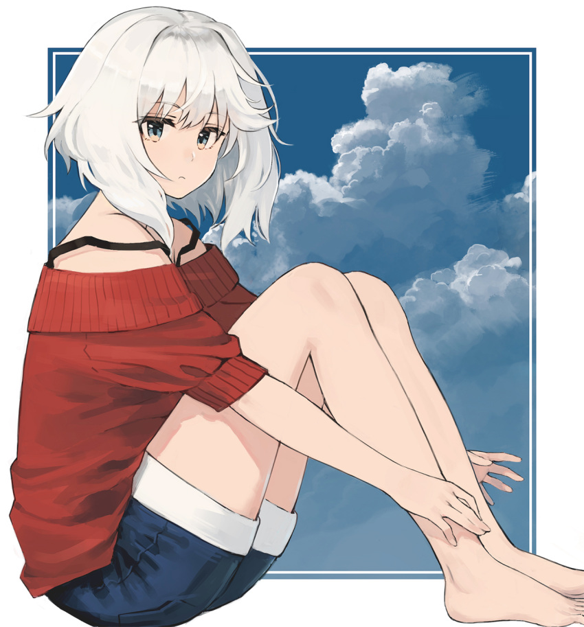 1girl bangs bare_shoulders barefoot blue_eyes blue_shorts blue_sky closed_mouth clouds cloudy_sky commentary_request day eyebrows_visible_through_hair hair_between_eyes highres knees_up looking_at_viewer looking_to_the_side off-shoulder_shirt off_shoulder original outstretched_arms red_shirt ryokucha_manma shirt short_shorts short_sleeves shorts sidelocks silver_hair sitting sky solo strap_slip