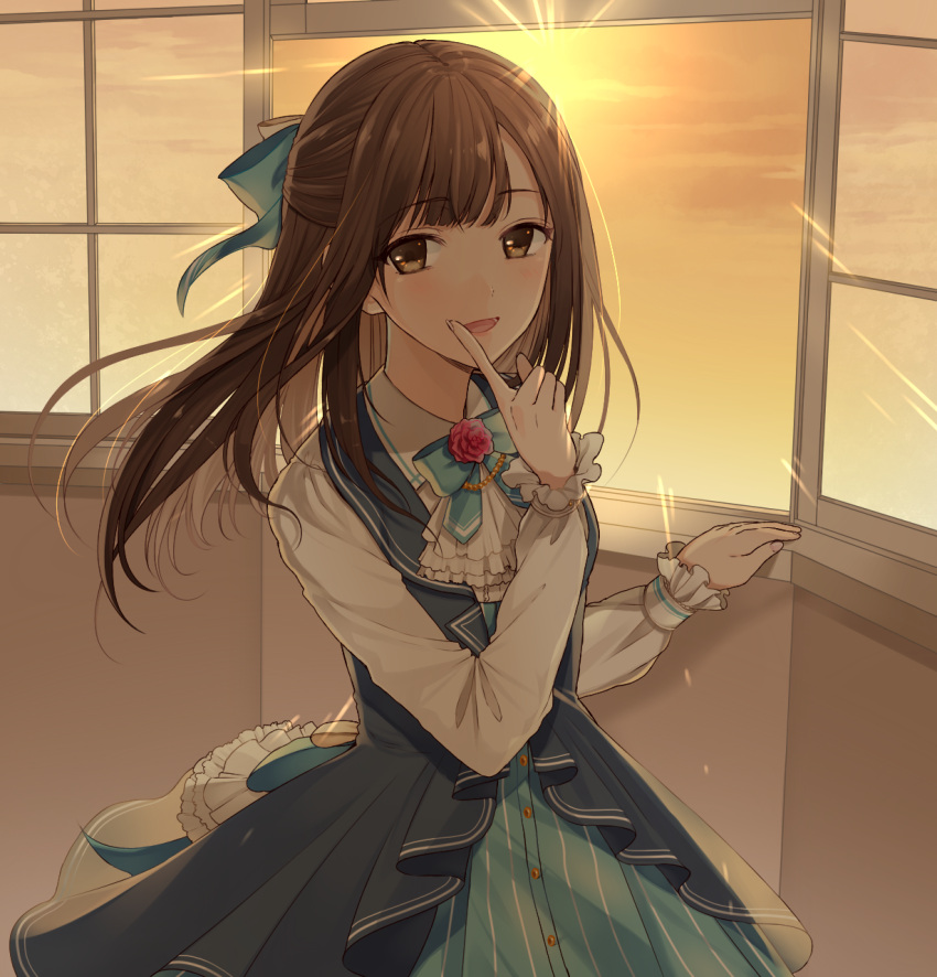 1girl :d bangs blue_bow blue_dress bow brown_eyes brown_hair chisumi clouds cloudy_sky collared_shirt commentary_request dress evening eyebrows_visible_through_hair fingernails floating_hair flower hair_bow hand_up highres idolmaster idolmaster_cinderella_girls idolmaster_cinderella_girls_starlight_stage index_finger_raised indoors long_hair long_sleeves looking_at_viewer mizumoto_yukari open_mouth open_window red_flower red_rose rose shirt sky smile solo striped vertical-striped_dress vertical_stripes very_long_hair white_shirt window