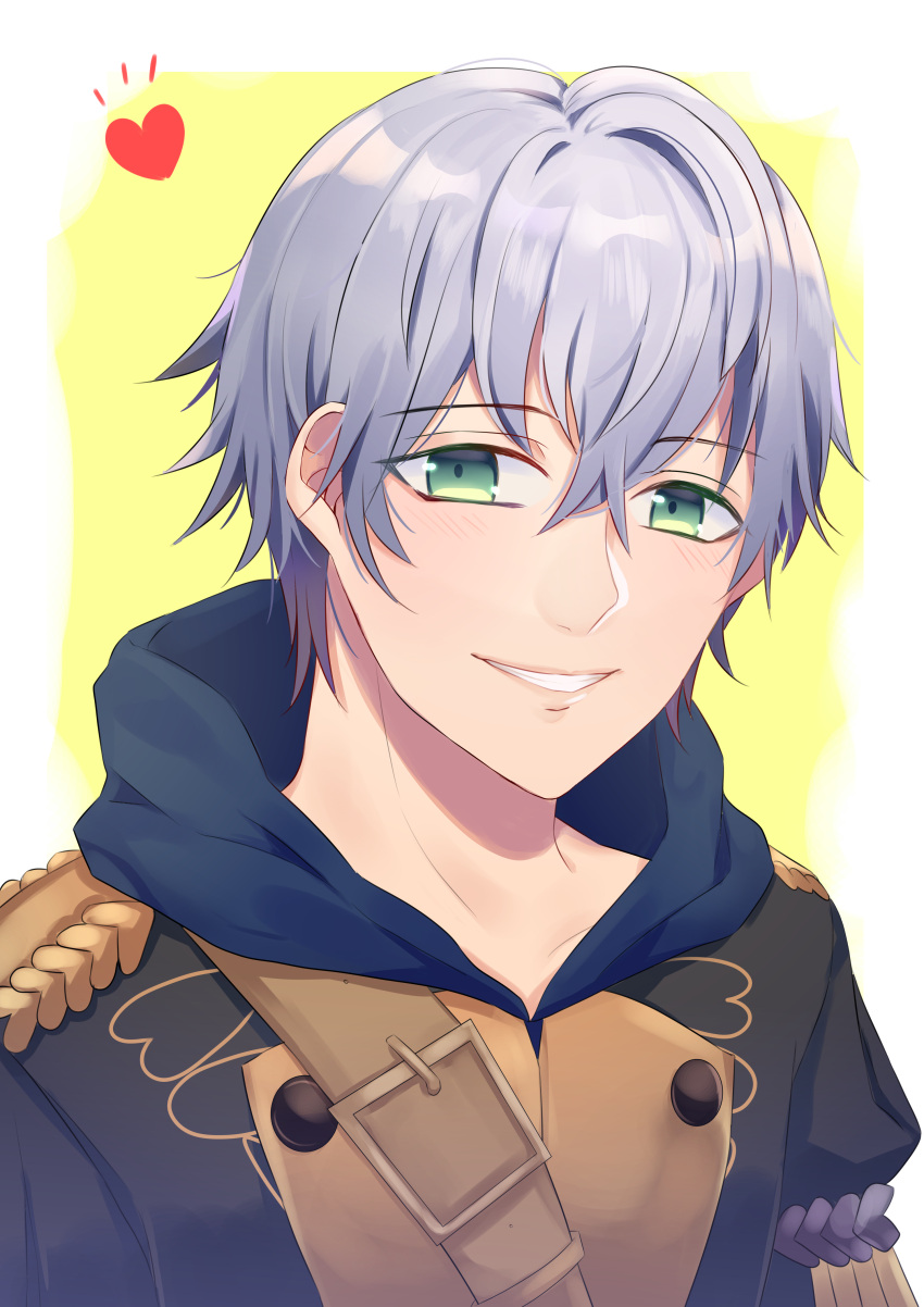 1boy aapon absurdres ashe_duran blue_hair blush epaulettes fire_emblem fire_emblem:_three_houses green_eyes heart highres male_focus solo teeth uniform upper_body white_background