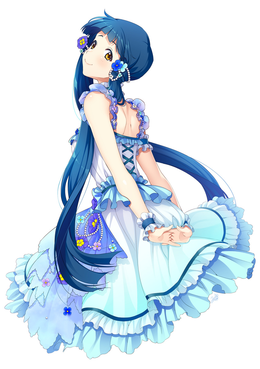 1girl backless_dress backless_outfit blue_hair bubble_skirt choker commentary_request dress flower frilled_choker frilled_dress frills hair_flower hair_ornament highres idolmaster idolmaster_million_live! kitakami_reika long_hair looking_at_viewer looking_back low_twintails mikapoe skirt sleeveless sleeveless_dress solo twintails very_long_hair white_dress wrist_cuffs yellow_eyes