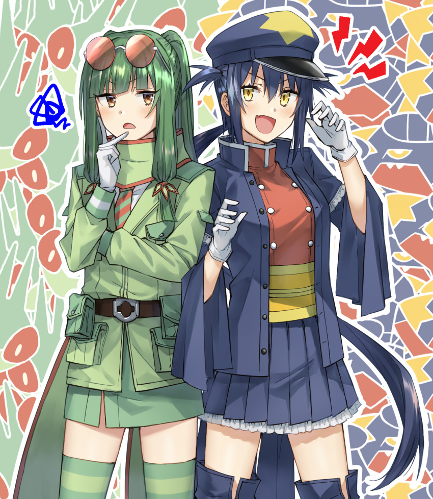 2girls :d bangs belt belt_buckle blue_hair blue_headwear blue_jacket blue_legwear blue_skirt blush breasts brown_belt brown_eyes buckle eyebrows_visible_through_hair eyewear_on_head fang flygon frilled_skirt frills garchomp gen_3_pokemon gen_4_pokemon gloves green_hair green_jacket green_legwear green_scarf green_skirt hair_between_eyes hands_up hat highres jacket lightning_bolt long_hair long_sleeves multiple_girls obi open_clothes open_jacket open_mouth outline peaked_cap personification pleated_skirt pokemon pokemon_(game) pokemon_dppt pokemon_rse red-tinted_eyewear red_shirt round_eyewear sash scarf shirt sidelocks skirt small_breasts smile somechime_(sometime1209) squiggle star striped striped_legwear thigh-highs two_side_up v-shaped_eyebrows very_long_hair white_gloves white_outline wide_sleeves yellow_eyes