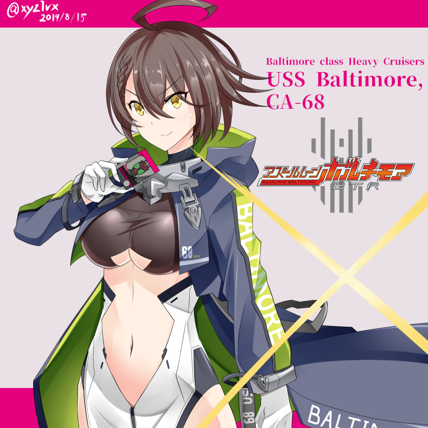 1girl ahoge azur_lane baltimore_(azur_lane) bangs black_coat breasts brown_hair card center_opening character_name coat crossover dated eyebrows_visible_through_hair gloves hair_between_eyes hebitsukai-san highres holding holding_card kamen_rider kamen_rider_dcd kamen_rider_decade large_breasts long_sleeves looking_at_viewer navel open_clothes open_coat short_hair smile solo stomach title_parody twitter_username under_boob underboob_cutout upper_body white_gloves yellow_eyes