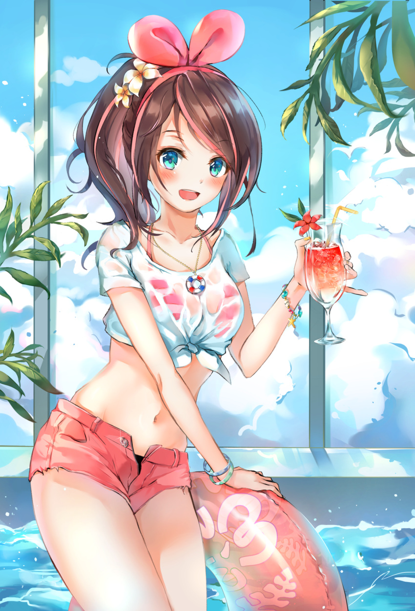 1girl :d a.i._channel bangle bikini blue_eyes bracelet brown_hair clouds cloudy_sky collarbone crop_top cup drinking_glass drinking_straw flower front-tie_top hair_flower hair_ornament hairband halter_top halterneck highres holding holding_cup hurricane_glass innertube jewelry kizuna_ai long_hair looking_at_viewer midriff multicolored_hair munape navel necklace open_fly open_mouth pink_bikini pink_shorts ponytail red_flower see-through shirt short_shorts short_sleeves shorts sky smile solo streaked_hair swimsuit thighs virtual_youtuber water wet wet_clothes wet_shirt white_shirt