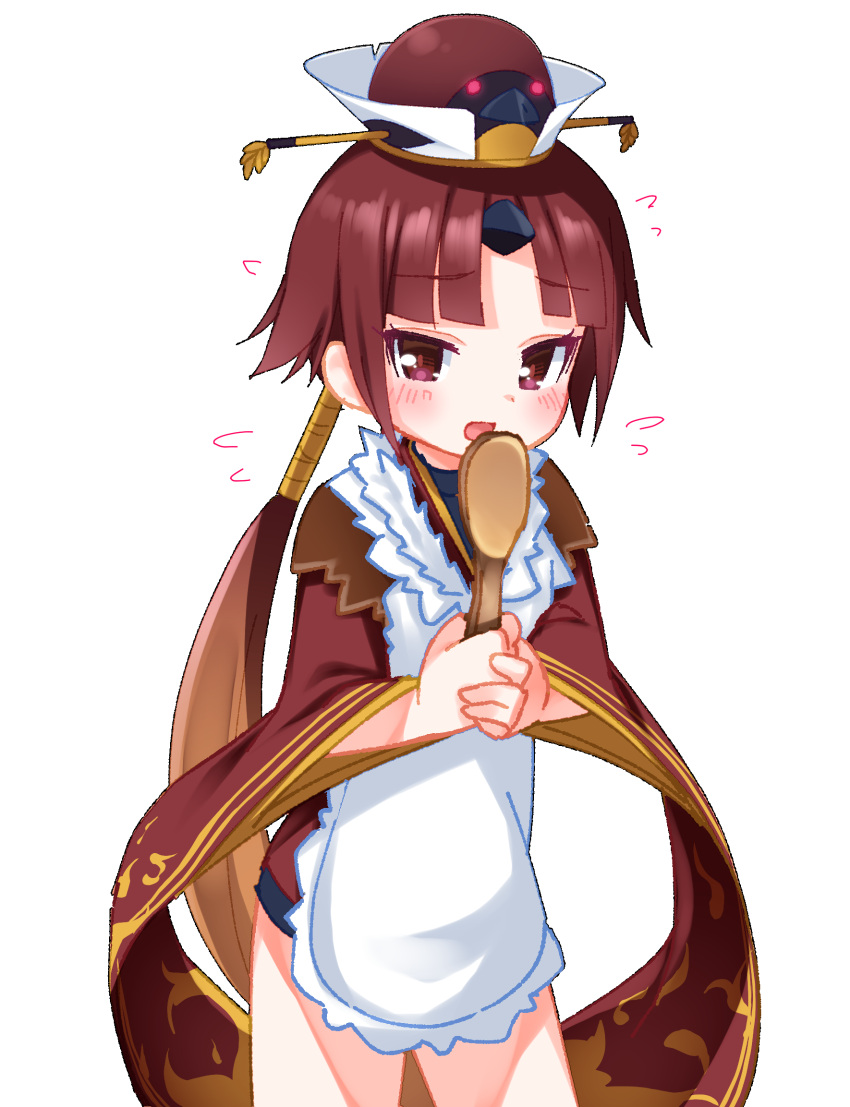 1girl :d apron bangs benienma_(fate/grand_order) blush brown_eyes brown_hair brown_headwear brown_kimono commentary_request eyebrows_visible_through_hair fate/grand_order fate_(series) flying_sweatdrops hands_together hat highres holding holding_spoon japanese_clothes kimono kirisame_mia long_hair long_sleeves low_ponytail open_mouth own_hands_together parted_bangs ponytail sidelocks simple_background smile solo spoon very_long_hair white_apron white_background wide_sleeves wooden_spoon