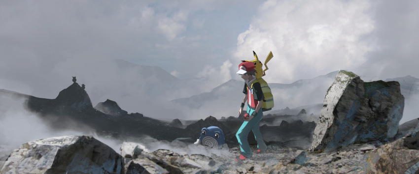 1boy asuteroid backpack bag baseball_cap blue_pants brown_hair clouds cloudy_sky day full_body hat highres hiking outdoors pants pikachu poke_ball pokemon pokemon_(game) pokemon_rgby poliwhirl red_(pokemon) red_footwear red_headwear rock scenery shirt shoes short_hair short_sleeves silhouette sky spearow walking wristband