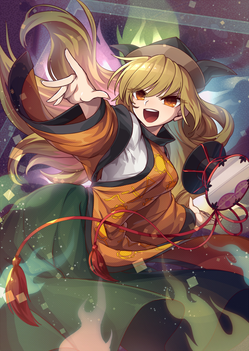 1girl aura bangs black_headwear blonde_hair breasts brown_eyes commentary_request detached_sleeves door drum dutch_angle eyelashes eyes_visible_through_hair fingernails frame green_skirt hat highres instrument kozakura_(dictionary) large_breasts long_fingernails long_hair long_skirt matara_okina nose open_hand open_mouth outstretched_arms purple_background shirt skirt solo spread_arms swept_bangs tabard tassel tongue touhou tsurime turtleneck undershirt upper_teeth white_shirt wide_sleeves