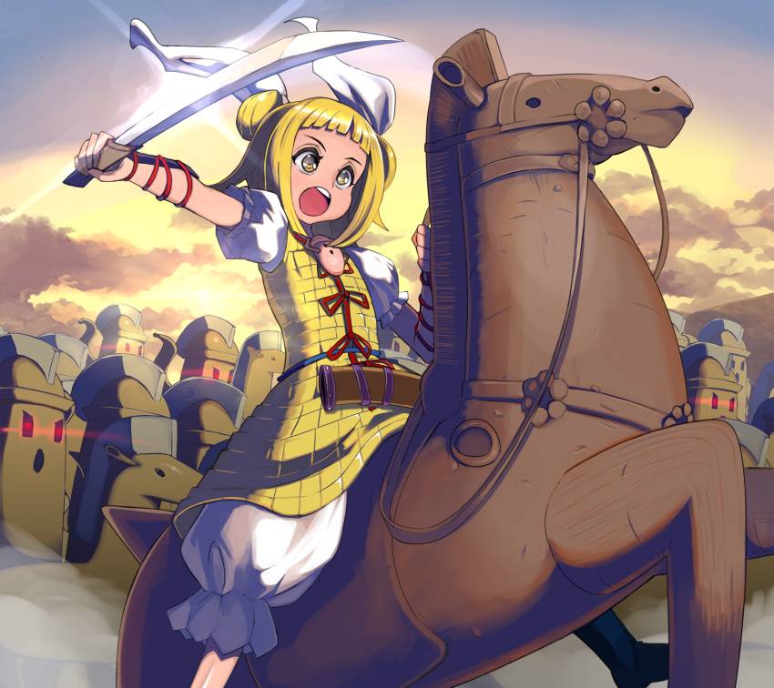 1girl :o bangs blonde_hair bloomers boots brown_eyes clouds commentary_request double_bun dress feet_out_of_frame flower glint hair_ribbon haniwa_(statue) highres holding holding_sword holding_weapon horseback_riding joutouguu_mayumi katana open_mouth outdoors puffy_short_sleeves puffy_sleeves ribbon riding rose shirt shope short_hair short_sleeves solo sword touhou underwear vambraces weapon white_bloomers white_ribbon white_shirt yellow_dress