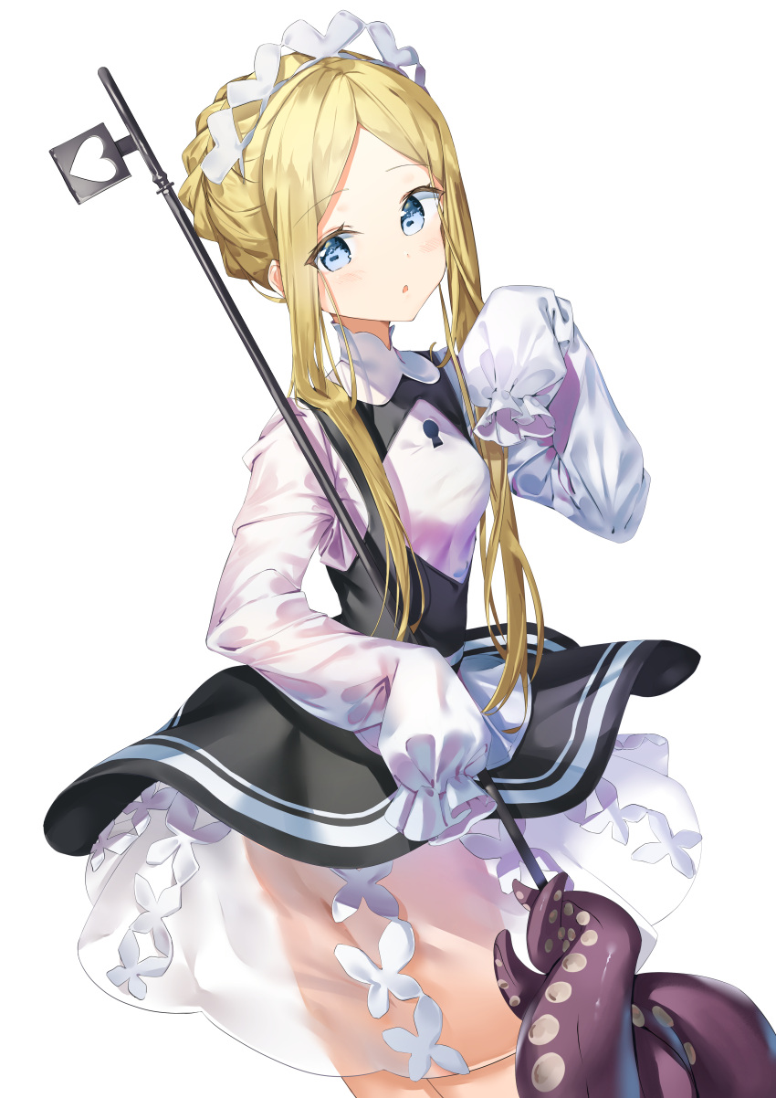 1girl abigail_williams_(fate/grand_order) absurdres ass bangs black_dress blonde_hair blue_eyes blush braid dress eyebrows_visible_through_hair fate/grand_order fate_(series) hair_ornament highres holding_key key keyhole long_hair long_sleeves looking_at_viewer parted_bangs simple_background sleeves_past_fingers sleeves_past_wrists sog-igeobughae solo tentacles white_background white_dress