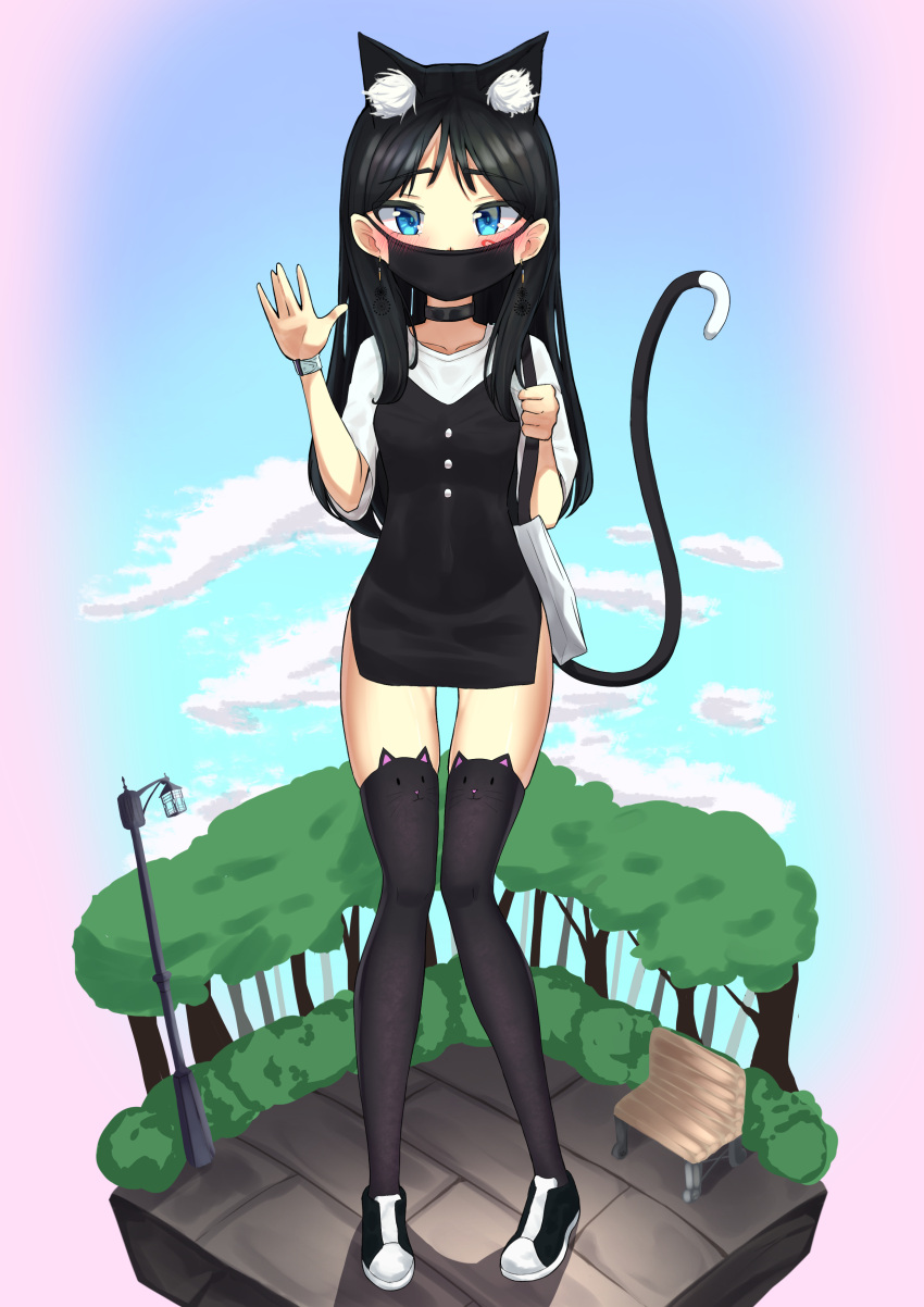 1girl absurdres animal_band_legwear animal_ears bag bangs bench black_choker black_dress black_footwear black_hair black_legwear blue_eyes blue_sky blush cat_band_legwear cat_ears cat_girl cat_tail choker clouds collarbone commentary_request day dress earrings eyebrows_visible_through_hair faux_figurine full_body highres holding_strap jewelry long_hair original park_bench pigeon-toed shirt shoes short_sleeves shoulder_bag skindentation sky sleeveless sleeveless_dress solo standing surgical_mask tail teshu thigh-highs very_long_hair white_shirt