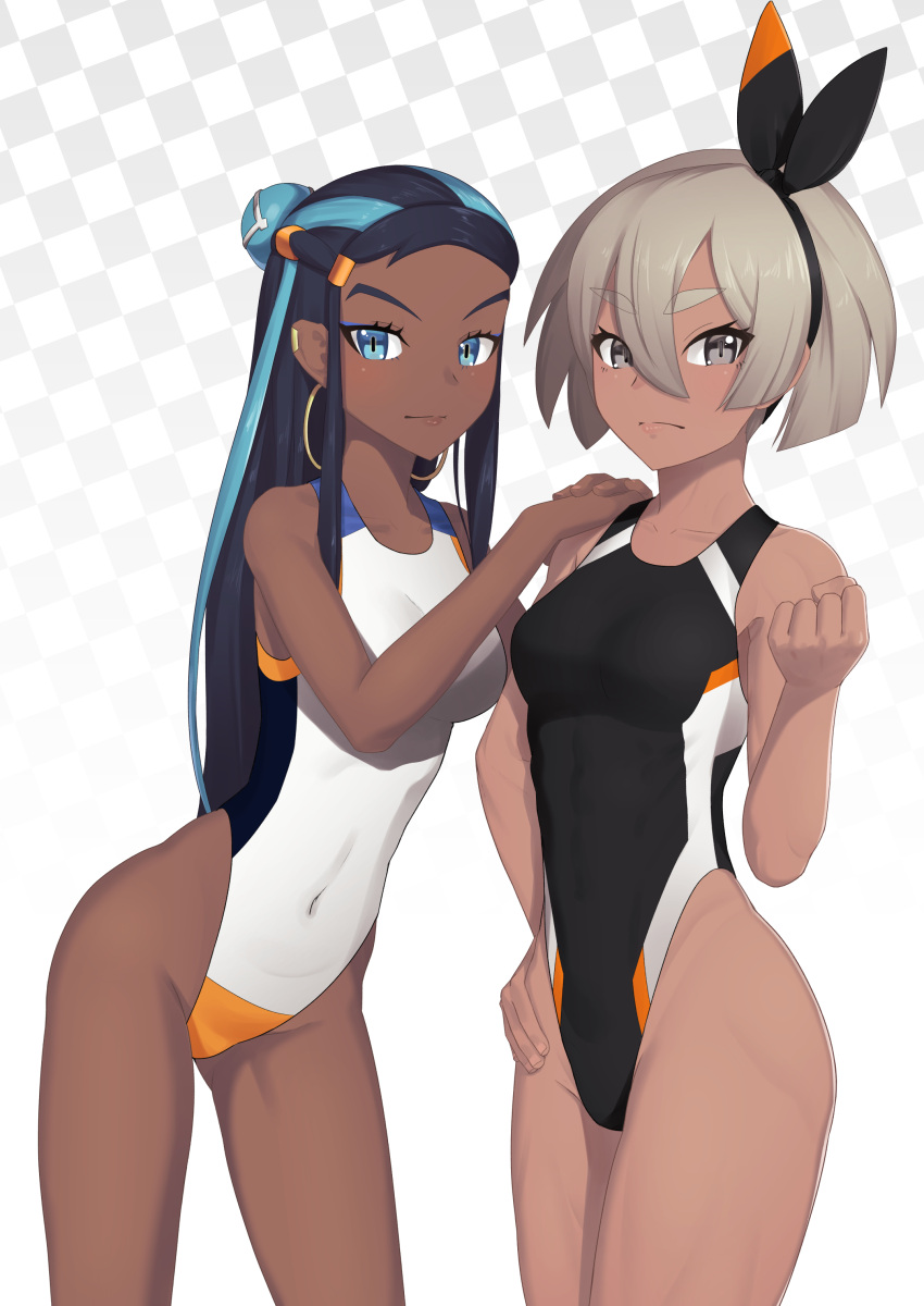 2girls absurdres adapted_costume black_hair black_hairband black_swimsuit blue_hair checkered checkered_background clenched_hand commentary_request competition_swimsuit cowboy_shot dark_skin english_commentary grey_eyes hair_bun hairband highleg highleg_swimsuit highres long_hair looking_at_viewer multicolored_hair multiple_girls one-piece_swimsuit pokemon pokemon_(game) pokemon_swsh putchers rurina_(pokemon) saitou_(pokemon) short_hair silver_hair swimsuit two-tone_hair white_swimsuit