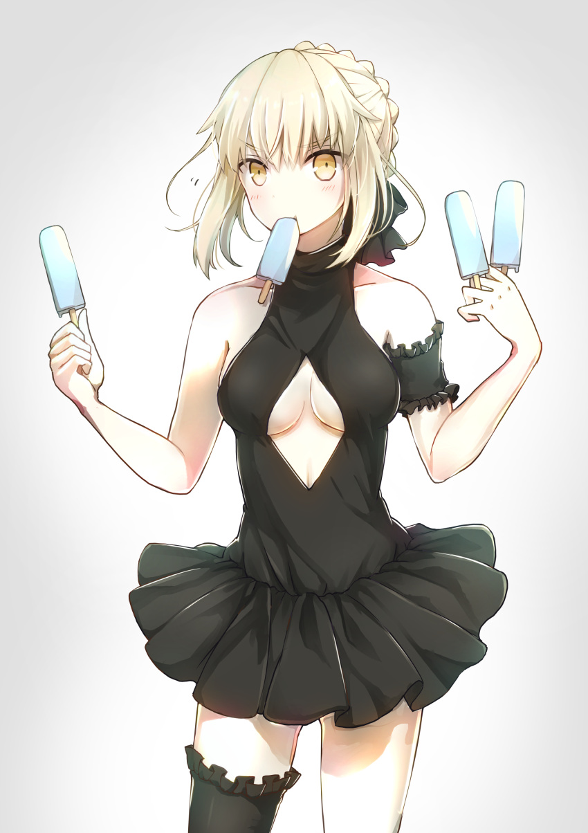 1girl absurdres armband artoria_pendragon_(all) bangs bare_shoulders between_fingers black_legwear blonde_hair breasts cowboy_shot eyebrows_visible_through_hair fate/grand_order fate_(series) food food_in_mouth frilled_armband frilled_legwear frills highres holding holding_food legs_apart medium_breasts misoradeko one-piece_swimsuit orange_eyes popsicle saber_alter single_thighhigh solo swimsuit thigh-highs