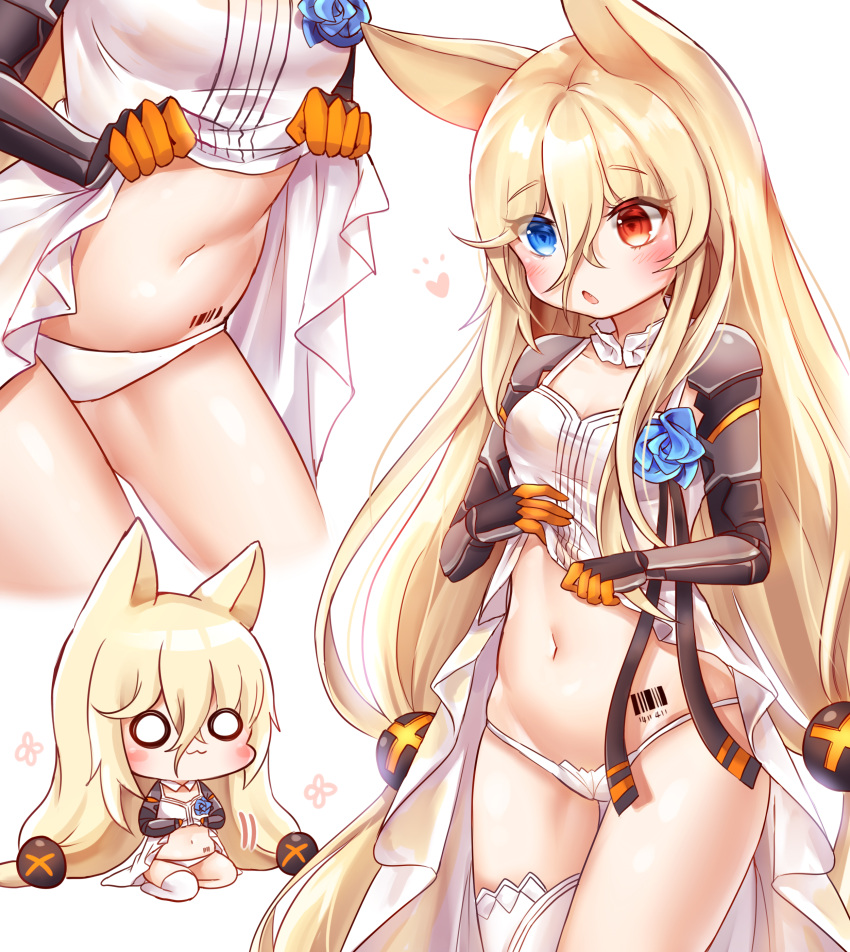 1girl absurdres animal_ears blonde_hair blue_eyes blush cat_ears chibi commentary_request dress dress_lift eyebrows_visible_through_hair g41_(girls_frontline) girls_frontline hair_between_eyes heterochromia highres honyang lifted_by_self long_hair multiple_views navel open_mouth panties red_eyes single_thighhigh sitting stomach thigh-highs underwear very_long_hair white_background white_dress white_legwear white_panties