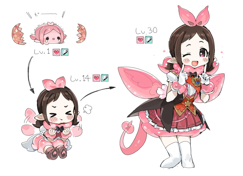 &gt;_&lt; 1girl :d black_neckwear blush boots bow bowtie brown_hair chibi cropped_legs dot_nose dress egg evolution fairy_wings flying gloves hair_bow highres idol idolmaster idolmaster_cinderella_girls low_twintails muramatsu_sakura no_nose one_eye_closed open_mouth pink_eyes pointy_ears sash short_eyebrows short_hair short_sleeves short_twintails smile spawnfoxy tail thigh-highs twintails white_background white_gloves white_legwear wings