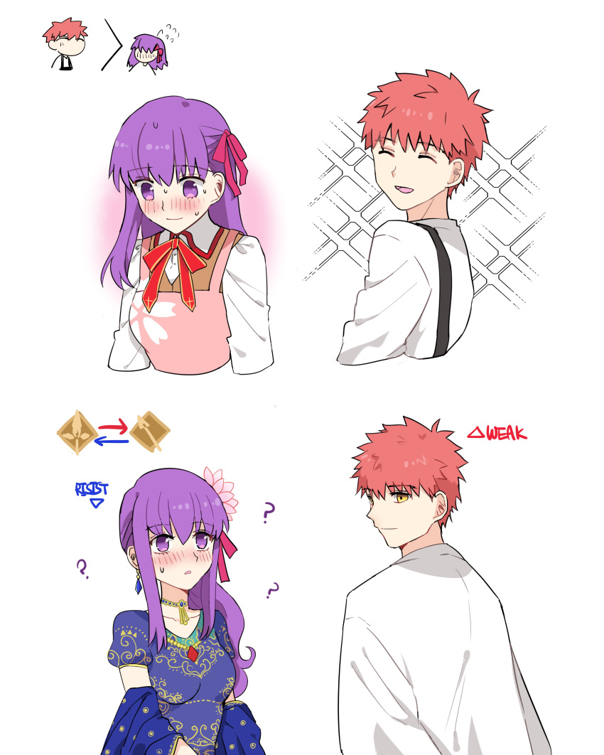 1boy 1girl absurdres appleale19 apron bangs breasts cape earrings emiya_shirou fate/grand_order fate/stay_night fate_(series) flower gameplay_mechanics hair_flower hair_ornament hair_ribbon highres homurahara_academy_uniform igote indian_clothes jewelry limited/zero_over long_hair matou_sakura necklace orange_hair parvati_(fate/grand_order) purple_hair red_ribbon ribbon smile solo violet_eyes yellow_eyes