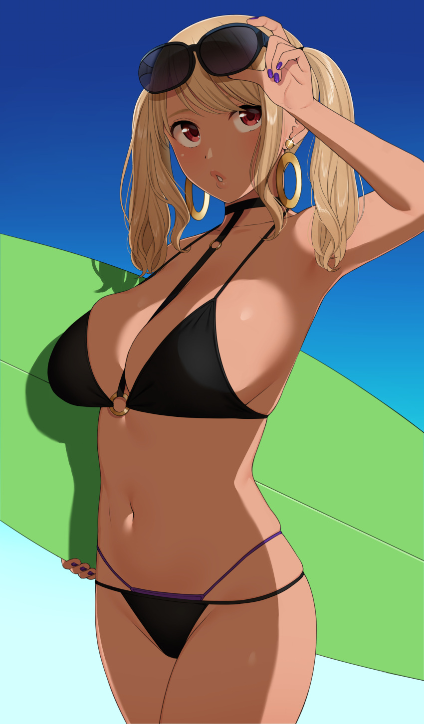 1girl absurdres bikini black_bikini blonde_hair blue_background breasts commentary_request dark_skin earrings eyewear_on_head gradient gradient_background gyouza_teishoku halter_top halterneck highres holding_surfboard hoop_earrings jewelry large_breasts legs_together looking_at_viewer medium_hair navel o-ring o-ring_bikini o-ring_top original parted_lips purple_bikini_bottom purple_nails red_eyes simple_background solo standing stomach sunglasses swimsuit twintails