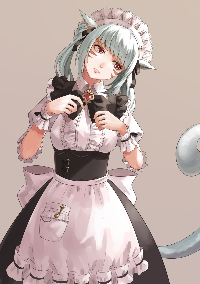 1girl animal_ears apron bangs black_dress black_ribbon breasts cat_ears cat_girl cat_tail collared_dress dress eyebrows_visible_through_hair facial_mark final_fantasy final_fantasy_xiv hands_up head_tilt highres long_hair looking_away looking_to_the_side maid maid_apron maid_dress maid_headdress medium_breasts miqo'te ojiki orange_eyes parted_lips pocket puffy_short_sleeves puffy_sleeves ribbon short_sleeves solo tail tail_raised twintails white_apron wrist_cuffs