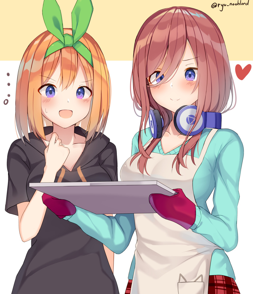 ... 2girls :d bangs beige_background black_hoodie blue_sweater blush breasts brown_hair closed_mouth collarbone commentary_request drawstring eyebrows_visible_through_hair go-toubun_no_hanayome green_ribbon hair_between_eyes hair_over_one_eye hair_ribbon hand_up headphones headphones_around_neck heart highres holding hood hood_down hoodie long_hair long_sleeves medium_breasts mizuki_ryuu multiple_girls nakano_miku nakano_yotsuba open_mouth orange_hair oven_mitts plaid plaid_skirt red_skirt ribbon short_sleeves skirt smile sweat sweater two-tone_background v-shaped_eyebrows violet_eyes white_background