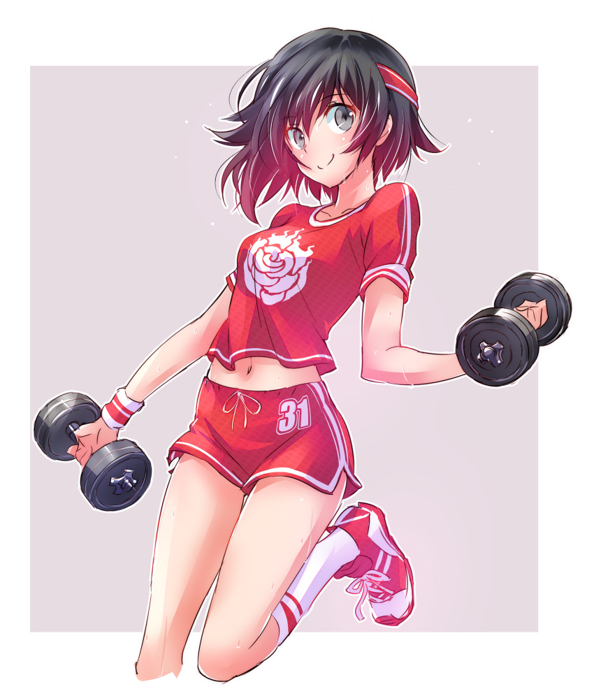 1girl absurdres breasts commentary_request dumbbell exercise eyebrows_visible_through_hair gradient_hair grey_background grey_eyes gym_shorts gym_uniform highres holding iesupa looking_at_viewer medium_breasts multicolored_hair navel red_shirt redhead ruby_rose rwby shirt shoes short_hair short_sleeves shorts simple_background smile sneakers socks solo sportswear sweat two-tone_hair weightlifting weights
