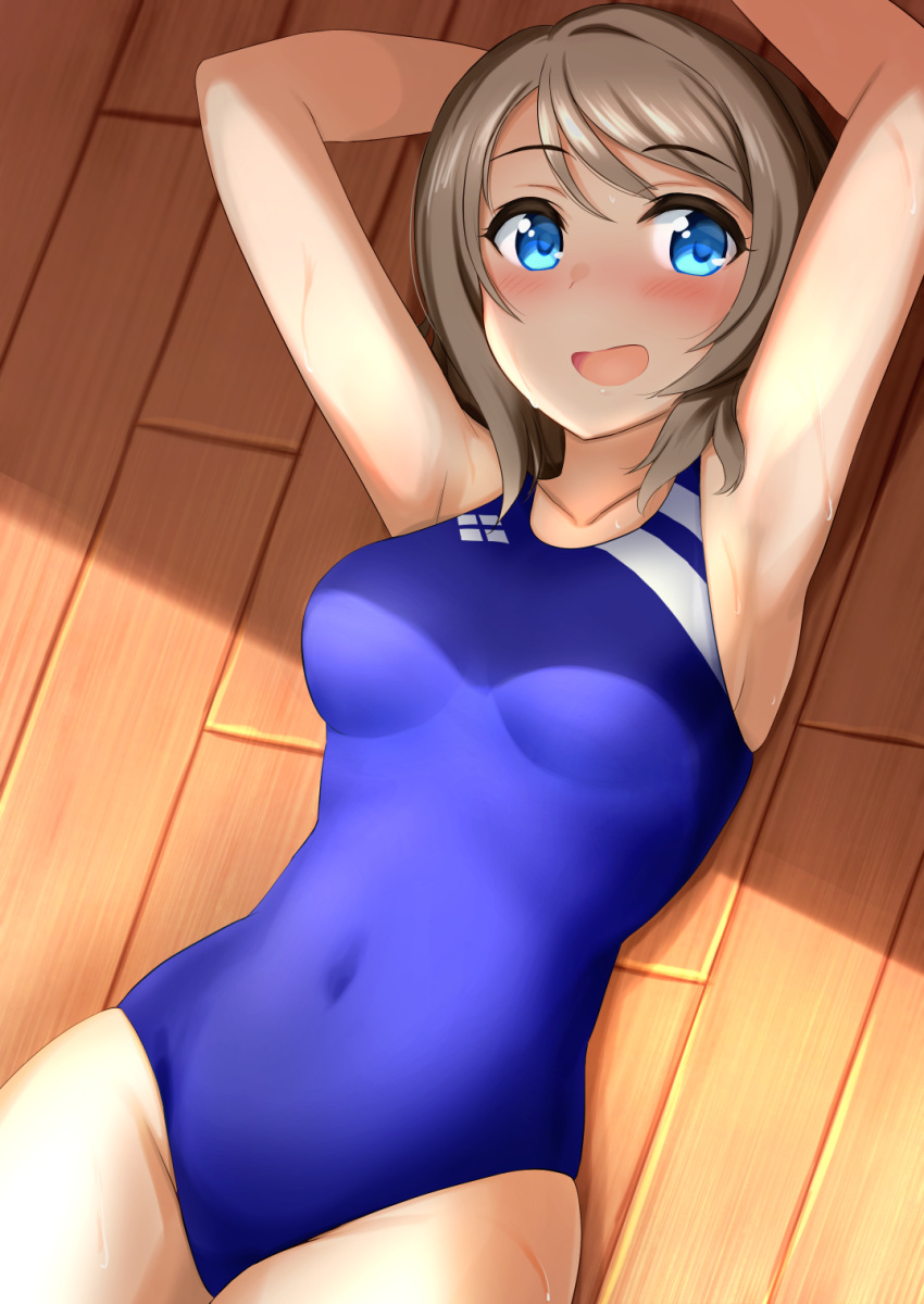 1girl arms_behind_head blue_eyes blue_swimsuit collarbone commentary_request competition_swimsuit covered_navel cowboy_shot grey_hair highres kibihimi looking_at_viewer love_live! love_live!_sunshine!! lying one-piece_swimsuit open_mouth shade short_hair solo swimsuit watanabe_you wooden_floor