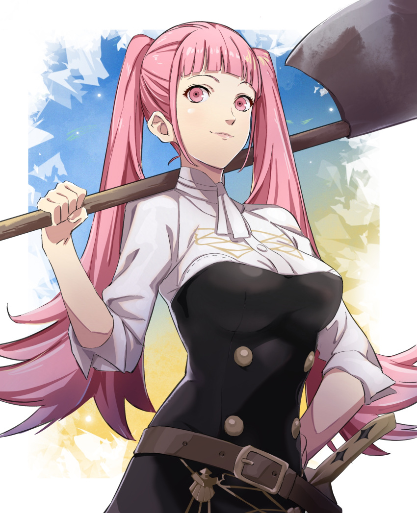 1girl absurdres axe bangs belt blunt_bangs breasts closed_mouth cravat fire_emblem fire_emblem:_three_houses fire_emblem:_three_houses highres hilda_valentine_goneril holding_weapon intelligent_systems long_hair long_sleeves looking_at_viewer nintendo open_mouth pink_eyes pink_hair pretty-purin720 simple_background smile solo thigh-highs twintails uniform weapon