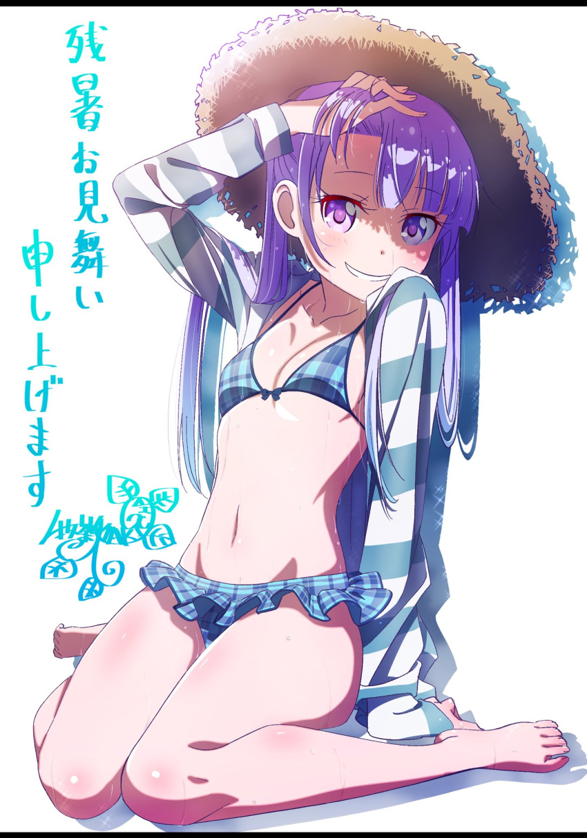 1girl arm_support bangs barefoot bikini blue_bikini breasts brown_headwear collarbone eyebrows_visible_through_hair frilled_bikini_bottom full_body grin groin hand_on_head hat highres jacket leaning_back long_hair long_sleeves looking_at_viewer navel new_game! open_clothes open_jacket pink_x plaid plaid_bikini purple_hair sideboob sitting small_breasts smile solo straw_hat striped_jacket sun_hat suzukaze_aoba swimsuit twintails under_boob violet_eyes wariza wet white_background