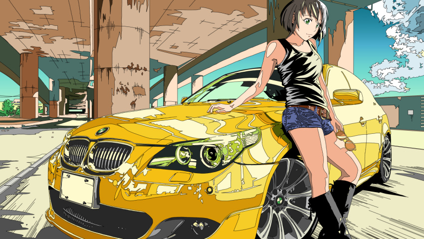 1girl artist_request bare_shoulders belt black_footwear black_hair black_tank_top bmw boots car commentary_request eyewear_removed green_eyes ground_vehicle harada_miyo highres idolmaster idolmaster_cinderella_girls knee_boots looking_at_viewer motor_vehicle pillar short_hair shorts sleeveless solo sunglasses tank_top under_bridge