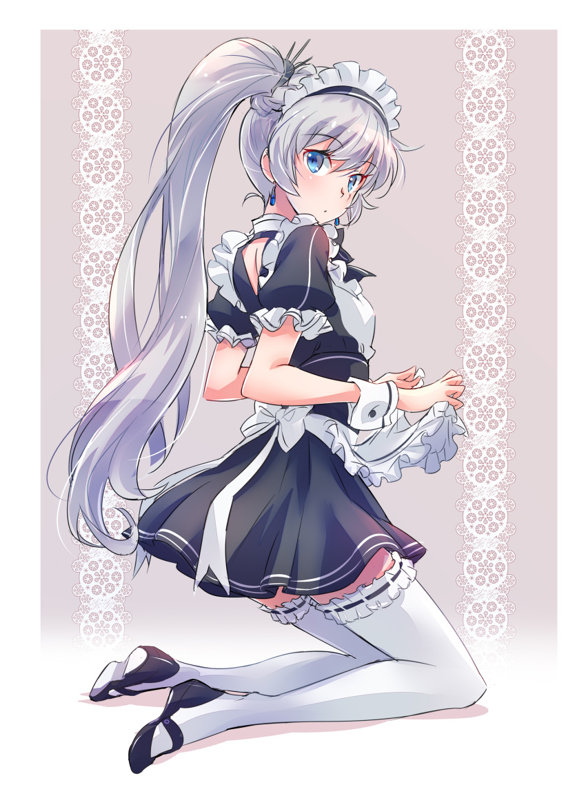1girl absurdres alternate_costume apron black_dress blue_eyes bow commentary_request dress earrings enmaided frilled_apron frills garters highres iesupa jewelry long_hair maid maid_apron maid_headdress mary_janes puffy_short_sleeves puffy_sleeves rwby scar scar_across_eye shoes short_sleeves side_ponytail solo thigh-highs waist_apron weiss_schnee white_apron white_hair white_legwear wrist_cuffs