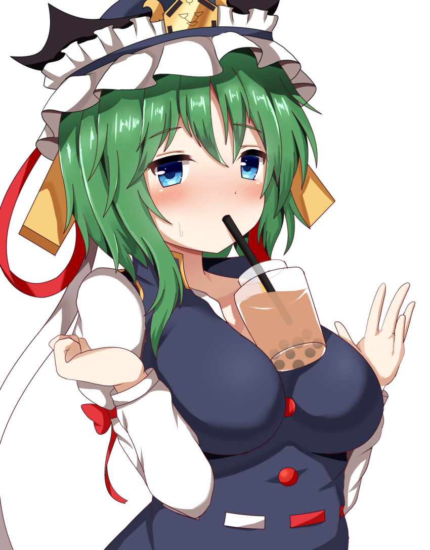 1girl asymmetrical_hair bangs between_breasts blue_eyes blue_vest blush breast_squeeze breasts bubble_tea bubble_tea_challenge buttons commentary_request cup curled_fingers drinking drinking_straw drinking_straw_in_mouth eyebrows_visible_through_hair eyelashes frilled_hat frills green_hair guard_bento_atsushi hair_between_eyes hat hat_ribbon highres juliet_sleeves large_breasts long_sleeves looking_at_viewer puffy_sleeves red_ribbon ribbon ribbon-trimmed_sleeves ribbon-trimmed_vest ribbon_trim shiki_eiki shirt simple_background solo sweat touhou turtleneck upper_body vest white_background white_ribbon white_shirt yellow_ribbon