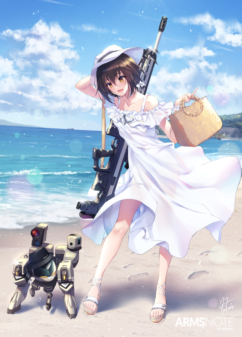 1girl :d arms_note bag bare_shoulders beach blue_sky blush brown_hair clouds dress fukai_ryousuke gun hat highres open_mouth rifle robot sandals short_hair sky smile sniper_rifle solo weapon white_dress yellow_eyes